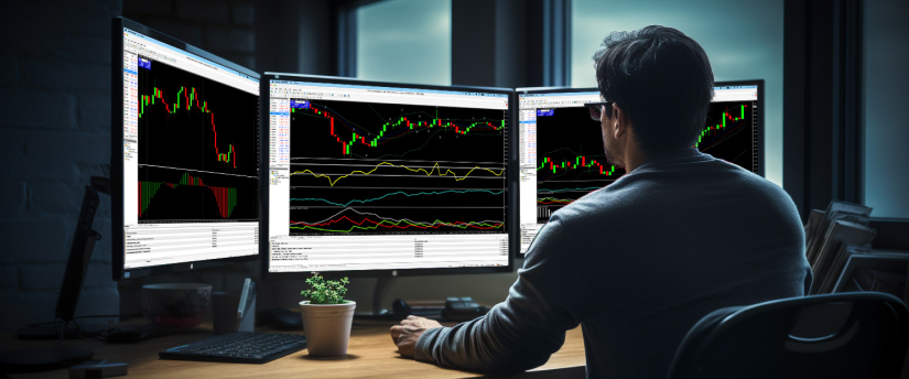 A person monitors stock market charts across three screens in a dim office, analyzing institutional order flow and market movements.