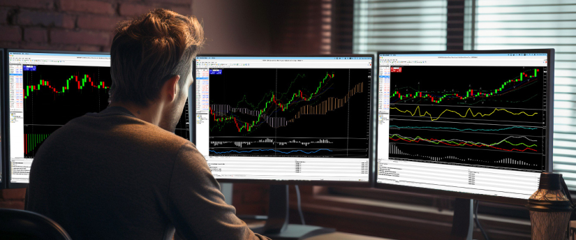 A person sits at a desk analyzing stock charts on three monitors, tracking institutional order flow through colorful graphs and trading indicators in a focused atmosphere.
