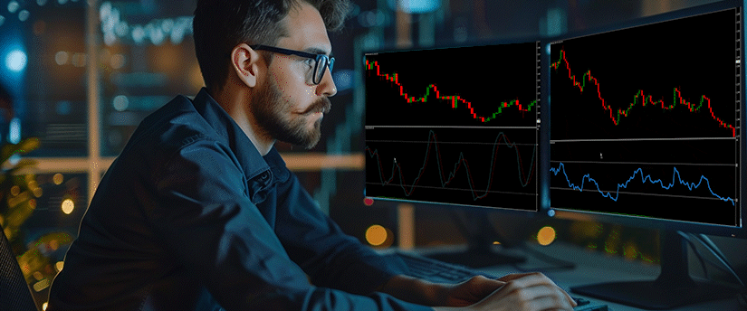 A side-view profile of a young man intently analyzing economic indicators affecting forex markets at night. He is seated in front of two computer monitors running MT4 analysis with technical analysis tools, displaying green and red candlestick price charts and oscillators.