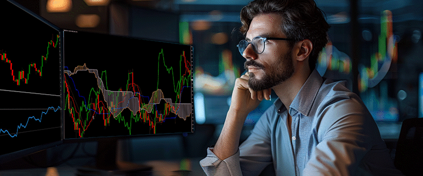 A focused male trader analyzes live financial charts on dual monitors, applying a trendline breakout strategy to identify potential market moves.