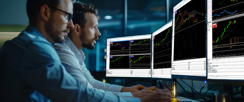Two men intensely analyze financial data on three computer screens displaying fluctuating stock market graphs in a dimly lit room, utilizing a currency strength meter to track currency performance and market trends.