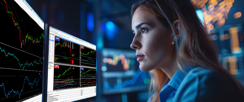 A focused woman analyzes stock market data on multiple computer screens displaying charts with fluctuating graphs, conveying concentration and intensity, while applying a trendline breakout strategy to identify key market opportunities.