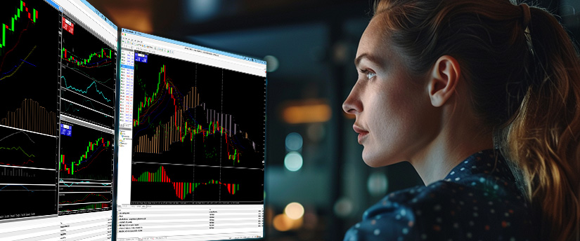 A determined woman studies stock market charts on dual monitors in a dimly lit trading setup, using a trendline breakout strategy to spot key price movements.