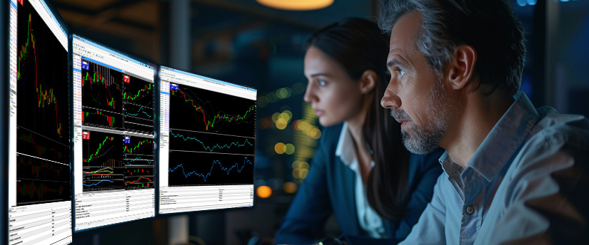 Two focused individuals monitor financial data on multiple computer screens displaying complex stock charts, set in a dimly lit office environment, highlighting advanced forex secrets and analytical trading strategies.