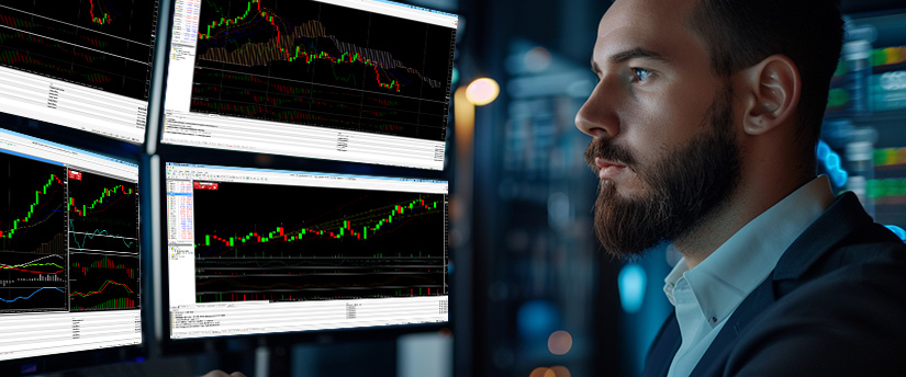 A focused man analyzes multiple financial graphs on computer screens, monitoring fluctuating stock market trends and applying currency risk management strategies to evaluate potential market exposure. The scene conveys a professional, data-driven, and analytical trading environment.