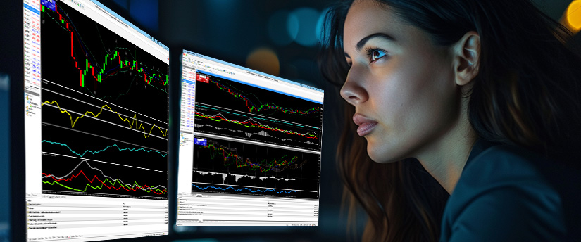 A woman intently analyzes financial graphs on two computer screens, reviewing market trends and applying currency risk management strategies to assess potential exposure and protect against exchange rate fluctuations. The scene is focused, analytical, and technology-driven.