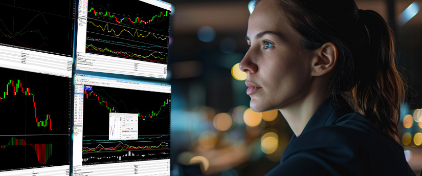 A focused woman in a business suit looks at multiple computer screens displaying complex stock market charts and financial data, applying currency risk management strategies to monitor market movements and assess potential exposure. The blurred office background reinforces a professional and analytical trading environment.