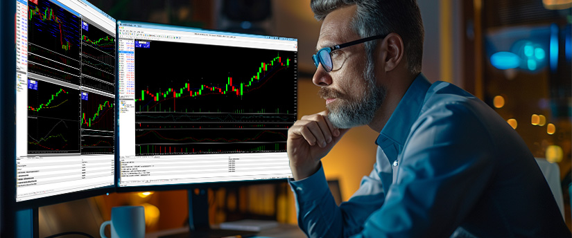Man with glasses analyzing stock market data on dual monitors displaying graphs. He appears focused and thoughtful, with a nighttime city view behind him, illustrating the discipline and analytical skills associated with elite trader funding and professional trading performance.