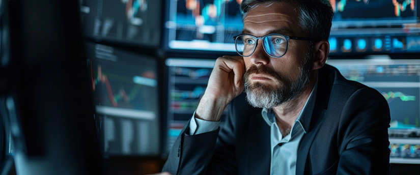 A man with glasses intensely focuses on multiple computer monitors displaying Forex Liquidity data, stock market charts, and trading graphs, conveying a sense of concentration, market analysis, and professional financial decision-