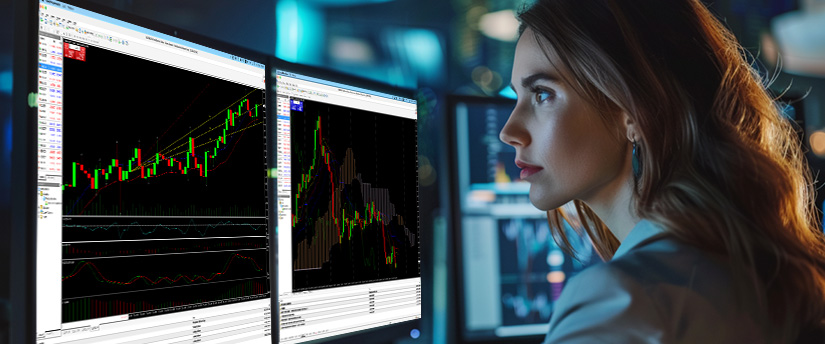 A focused woman observes financial charts on dual monitors in a dimly lit room, analyzing market trends and Forex market timing to identify trading opportunities and make informed trading decisions.