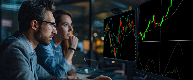 A side profile of a male and female trader in a dimly lit office, closely reviewing green and red candlestick market charts on two large monitors to uncover forex secrets.
