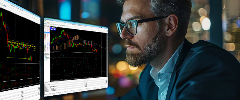 A man in glasses focuses intently on financial charts displayed on dual monitors, suggesting an atmosphere of concentration and analysis centered on Forex secrets, uncovering hidden market patterns and trading opportunities.