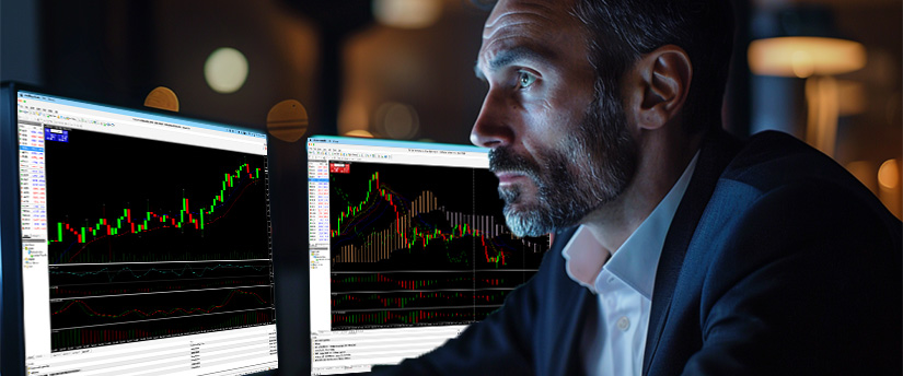 A man in a suit analyzes stock market graphs on dual monitors in a dimly lit office, his focused expression reflecting intense concentration and disciplined market analysis rooted in forex secrets.