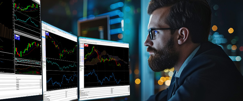 A man with a beard and glasses intensely studies multiple computer screens displaying colorful financial graphs and data in a dimly lit room, suggesting analytical focus and Stop Loss Hunting.