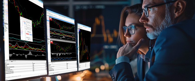 Two professionals intently analyzing stock market charts on multiple monitors in a dimly lit room, conveying a focused and serious atmosphere associated with elite trader funding and disciplined trading analysis.