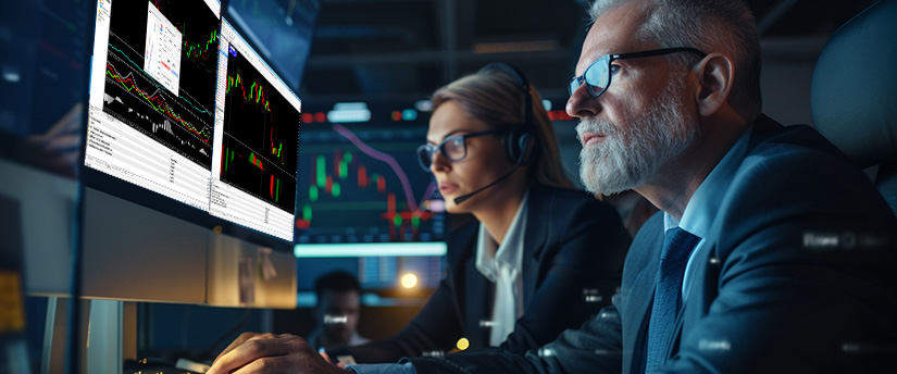 Two focused traders in a dimly lit room analyze stock charts on computer monitors, both wearing headsets and exuding intensity and concentration, representing the discipline and performance mindset associated with elite trader funding in professional trading environments.