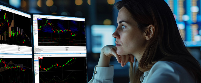 A focused woman gazes at multiple computer screens displaying colorful stock market graphs in a dimly lit office, suggesting analysis and contemplation, illustrating Stop Loss Hunting.