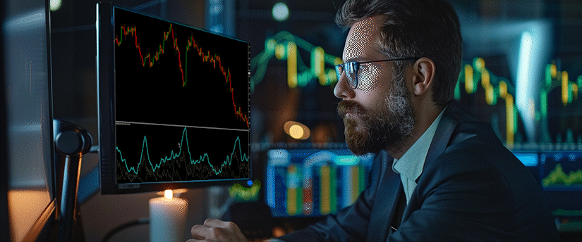 Side profile of a focused businessman with a beard and glasses analyzing financial data in a dark room. His main monitor displays a candlestick chart with a sharp downward trend, and the background shows additional blurred screens with green and yellow market data.