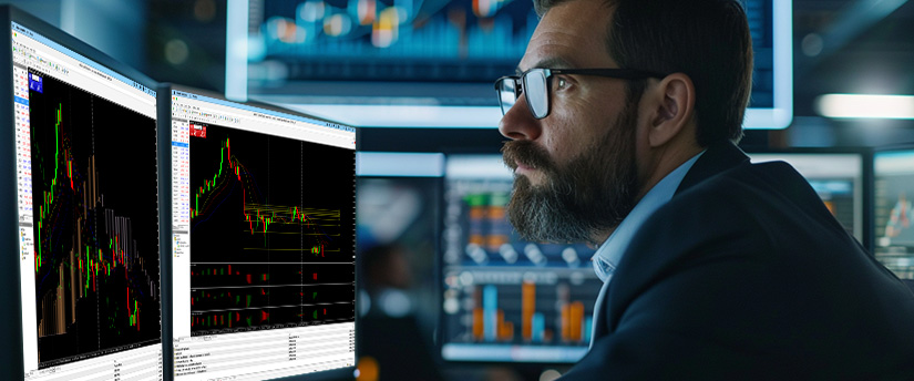 A man with glasses focuses intently on multiple computer screens displaying complex Forex Liquidity and financial charts, conveying a mood of concentration, market analysis, and professional trading decision-making.