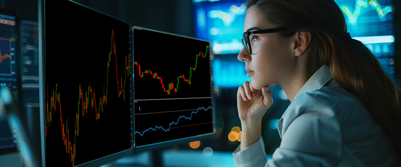 A professional trader analyzes market data on multiple screens displaying price charts and trading indicators, highlighting Forex Liquidity, market depth, and real-time financial decision-making in a modern trading environment.