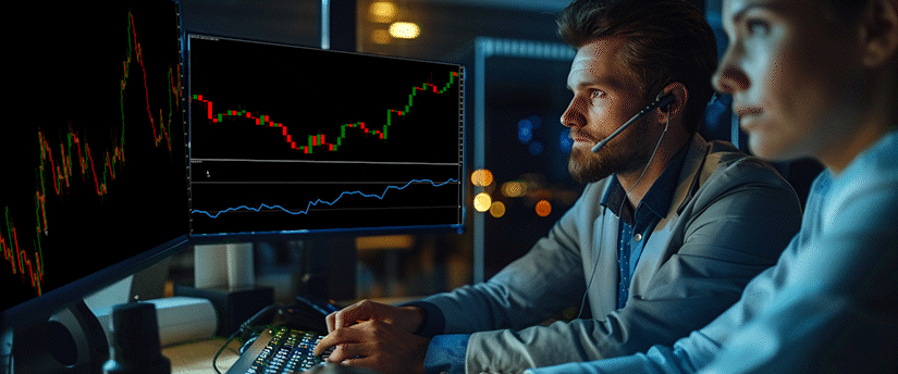 Two traders monitor live financial charts on dual screens in a dimly lit office, analyzing price movements and market trends. The scene highlights trading metals strategies, technical analysis, and real-time decision-making in the commodities market.