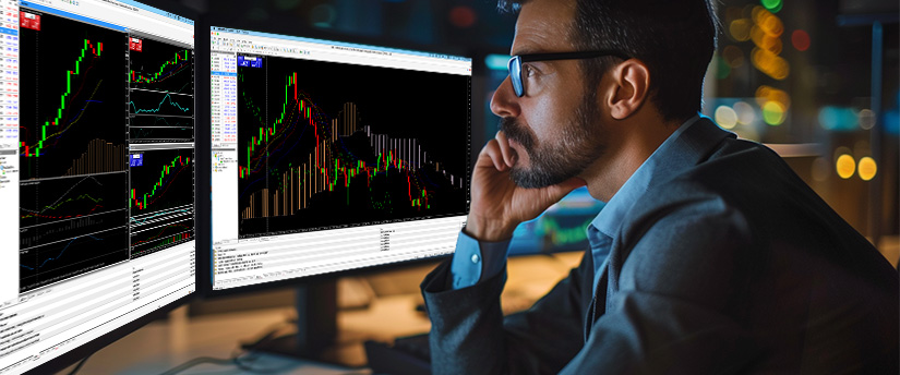 A man in an office analyzes stock charts on dual monitors while trading metals, with the dimly lit setting creating a focused and intense market analysis atmosphere.