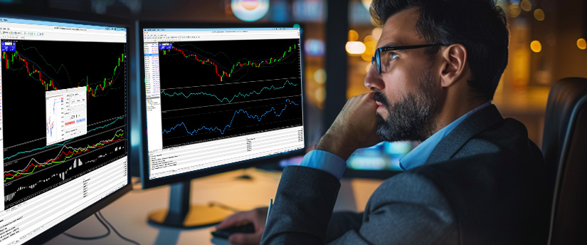 A focused man wearing glasses analyzes financial charts on dual monitors at night, studying market movements and technical indicators. The screens display complex graphs, highlighting trading metals, market analysis, and strategic decision-making in a professional trading environment.