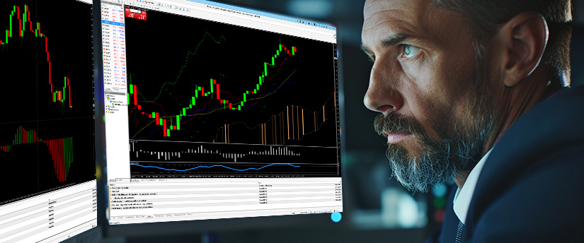 A close-up profile of a focused businessman with a beard looking intently at multiple computer monitors displaying financial stock charts and trading graphs in a dimly lit office, illustrating high paying trades in forex.