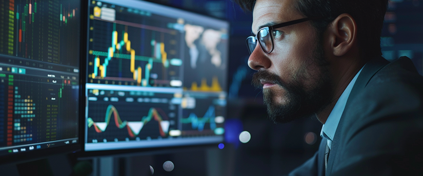 A focused man in glasses closely observes financial data and stock charts on multiple computer monitors in a dimly lit office, conveying concentration and analysis while researching what is trading income and monitoring market trends.