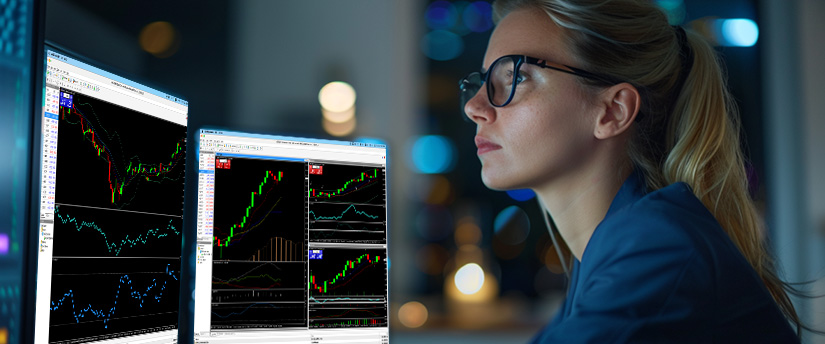 A focused woman in glasses analyzes stock trading charts on dual monitors, immersed in work. The softly lit room creates a professional tone as she studies market movements and explores what is trading income through financial analysis and trading strategies.