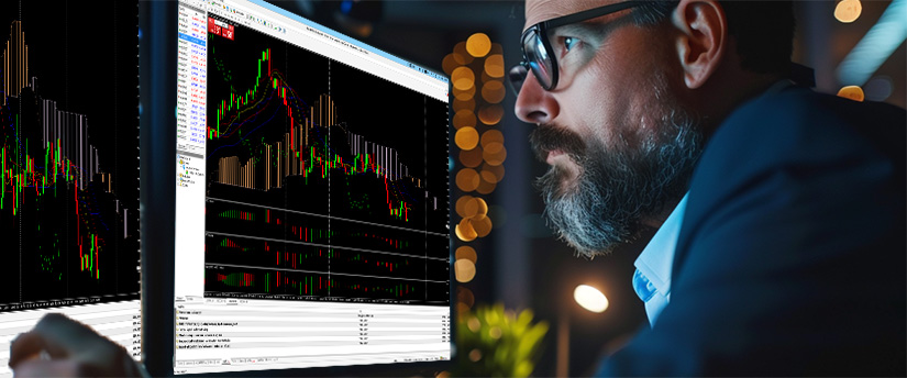 A focused man studies dual monitors displaying complex stock charts in a dimly lit room, conveying concentration and analytical work while learning what is trading income and analyzing financial market opportunities.
