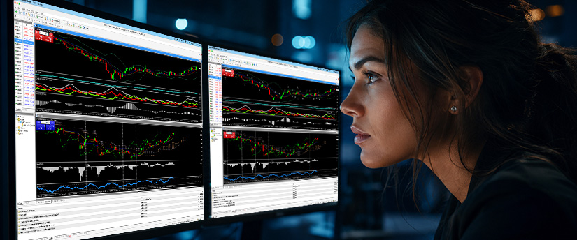 Close-up profile of a focused woman trader analyzing dual computer monitors packed with advanced technical indicators and candlestick data for active currency pair trading.