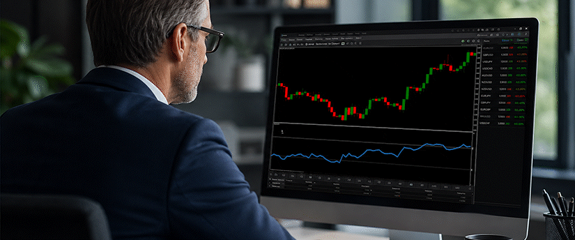 Over-the-shoulder view of a male trader in a suit examining a single desktop monitor showing a technical analysis candlestick chart for currency pair trading with a blue trend line indicator.