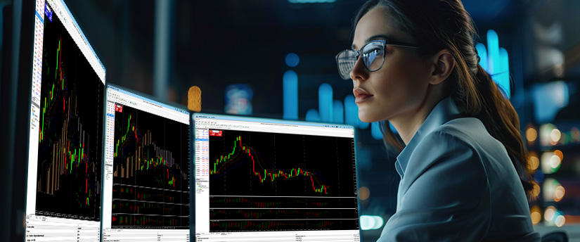 Female financial specialist reviewing MetaTrader 5 setups for currency pair trading across multiple live screens.