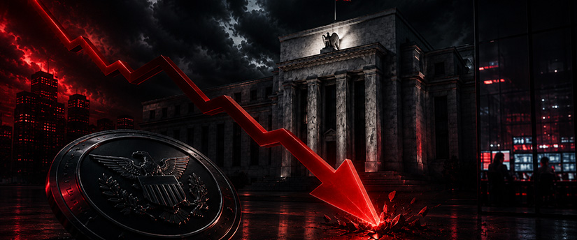Dramatic digital art depicting Federal Reserve Rate Cut Expectations 2026 with a sharp red downward-trending arrow cracking the ground in front of a dark, red-lit Fed building and a prominent metallic seal.
