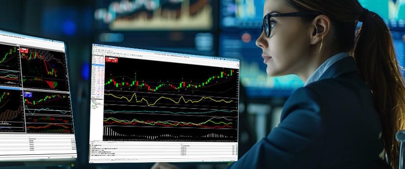 A professional woman operating as a forex day trader analyzes market price action. Multiple desktop monitors show live data feeds and complex technical charts within the MetaTrader 4 platform.
