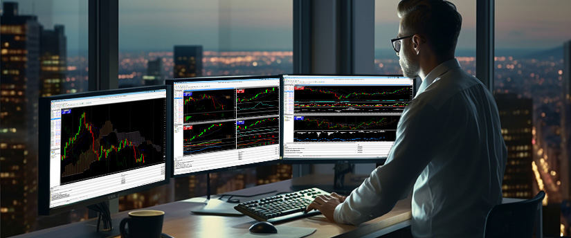 A male trader sitting in an office overlooking a city skyline at night, monitoring multiple screens with complex chart patterns for high-frequency forex price action scalping.