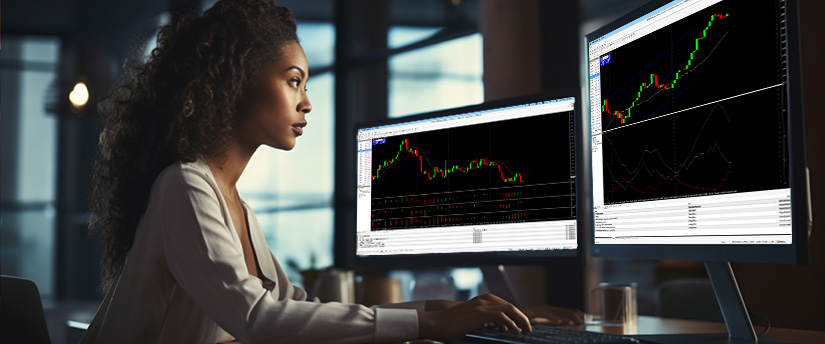 A female trader analyzing real-time market trends and executing a forex price action scalping strategy on the MetaTrader 4 platform using dual desktop monitors at night.