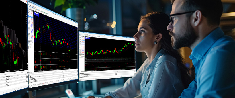 A male and female professional trading team collaborating in a dimly lit office, closely examining multiple screens featuring live financial data and technical charts for forex vs day trading.