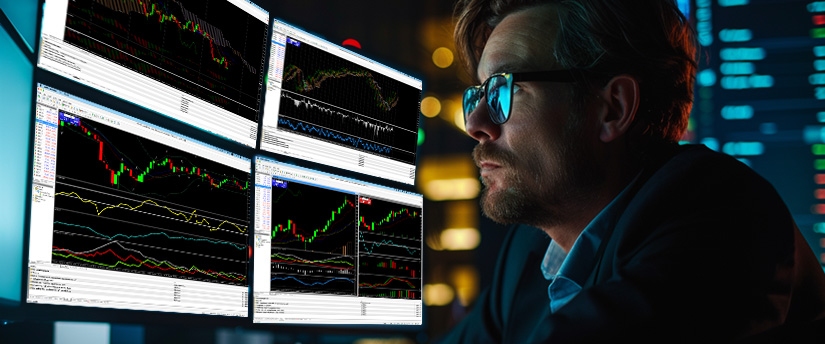 Close-up of a businessman analyzing financial charts on a multi-screen workstation to weigh options between forex vs day trading. An MT4 platform screenshot is visible, showing live technical analysis indicators and price action patterns.