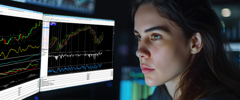 Close-up profile of a woman trader using a MetaTrader platform interface, evaluating candlestick charts and technical indicators to execute high paying trades in forex.