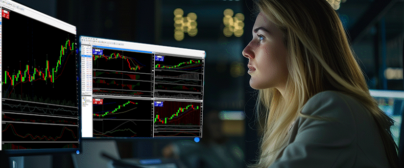 A focused female trader analyzing live financial market charts on multiple computer monitors for indices trading online during a night session.