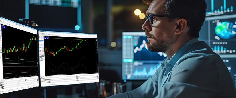 A professional financial analyst with glasses tracking real-time candlestick patterns and data metrics on dual screens to optimize indices trading online.