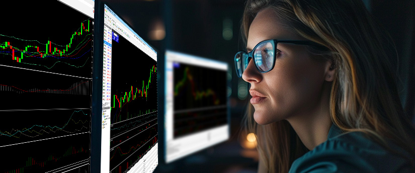 Side profile of a woman wearing glasses reflecting bright screen data while conducting technical analysis of multi-window charts for indices trading online.