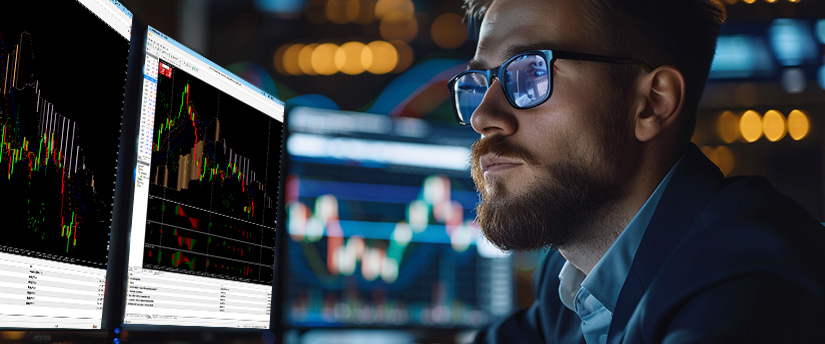 Close-up profile of a focused businessman with a beard, wearing glasses that reflect the blue light of multiple computer screens displaying real-time financial candlestick charts. The background features warm, blurry bokeh lights, depicting the focused environment needed when learning trading with forex for beginners.