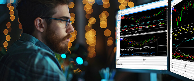 Side profile portrait of a focused man wearing glasses and a plaid shirt, intently analyzing multiple charts and technical indicators on an MT4 platform across three computer monitors. The scene, representing trading with forex for beginners, shows real-time price data and line graphs against a background of warm bokeh night lights. This man can be seen in image_1.png.