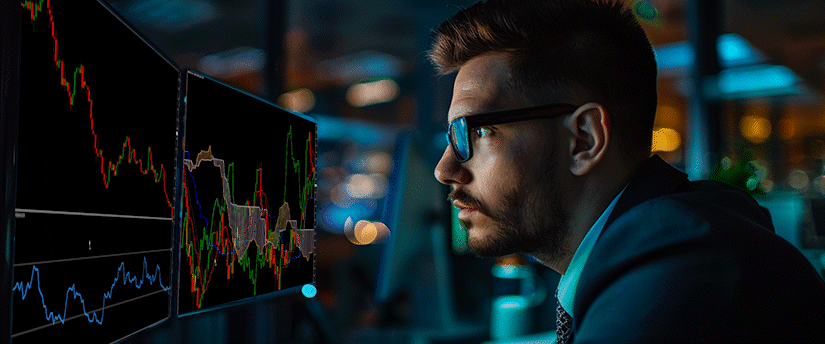 A professional trader with glasses carefully analyzing live technical charts on multiple monitors to identify high paying trades in forex trading.